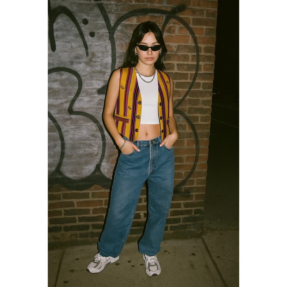 Vintage Todd Oldham Wool Striped Umbrella Cropped Vest 1990s Yellow Medium